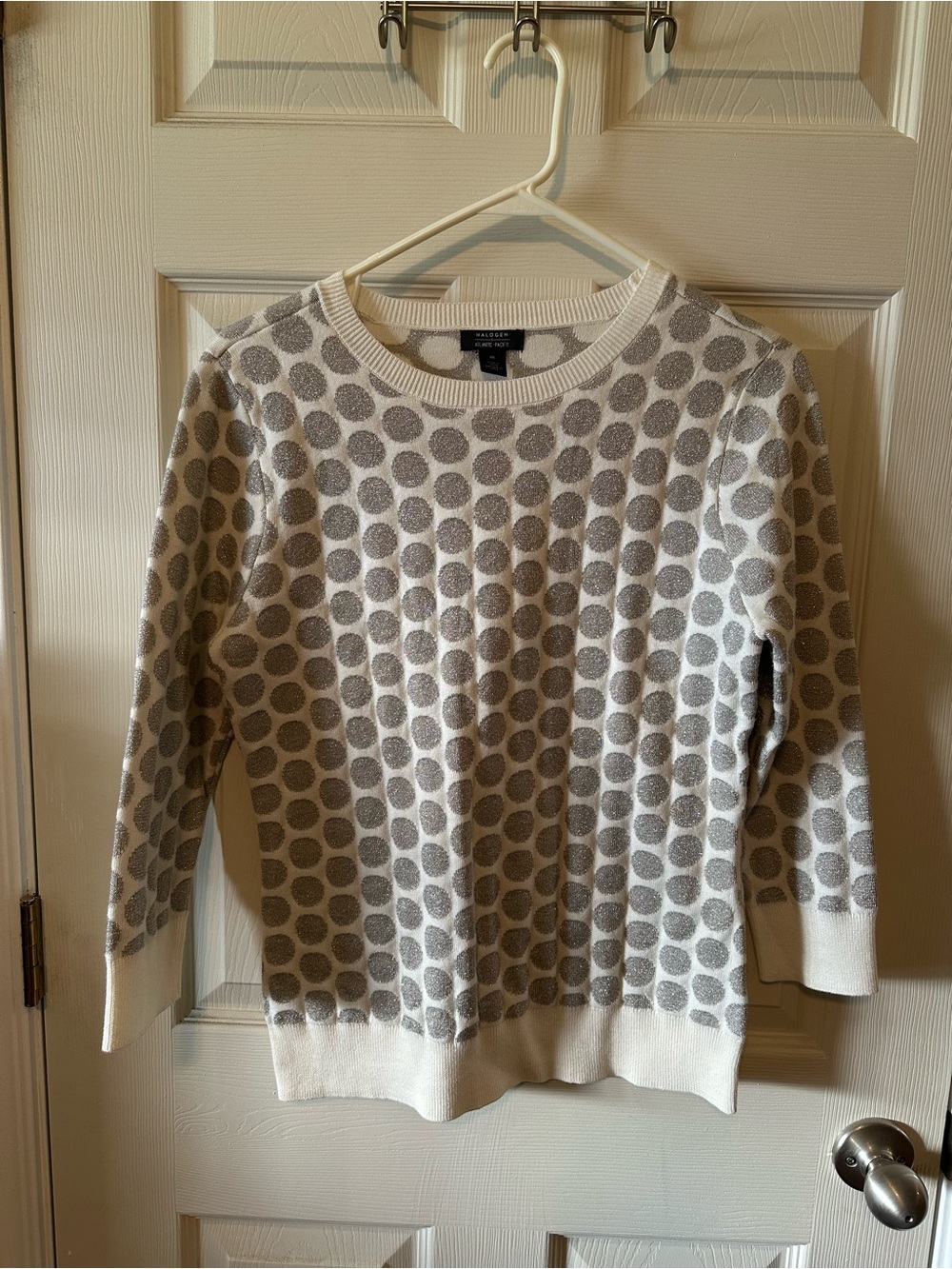 Halogen White Crewneck Sweater with Gray sparkly Polka Dots